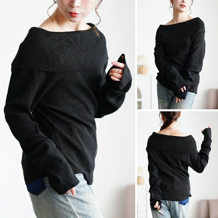 大きいサイズ レディース オフショルダーリブニット jp576