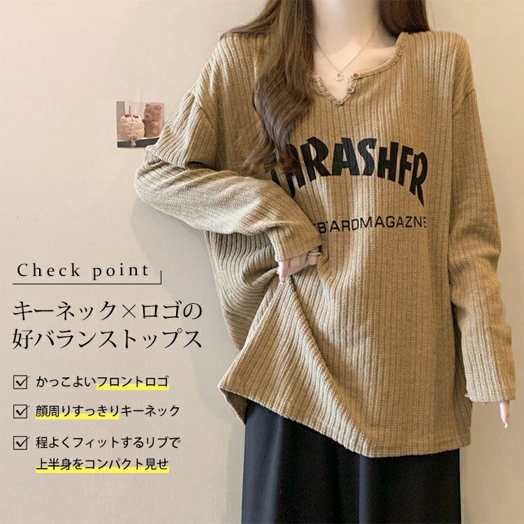 大きいサイズ レディース キーネック英字ロゴリブカットソー goldy-1791