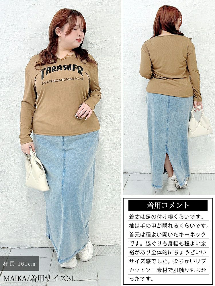 大きいサイズ レディース キーネック英字ロゴリブカットソー goldy-1791