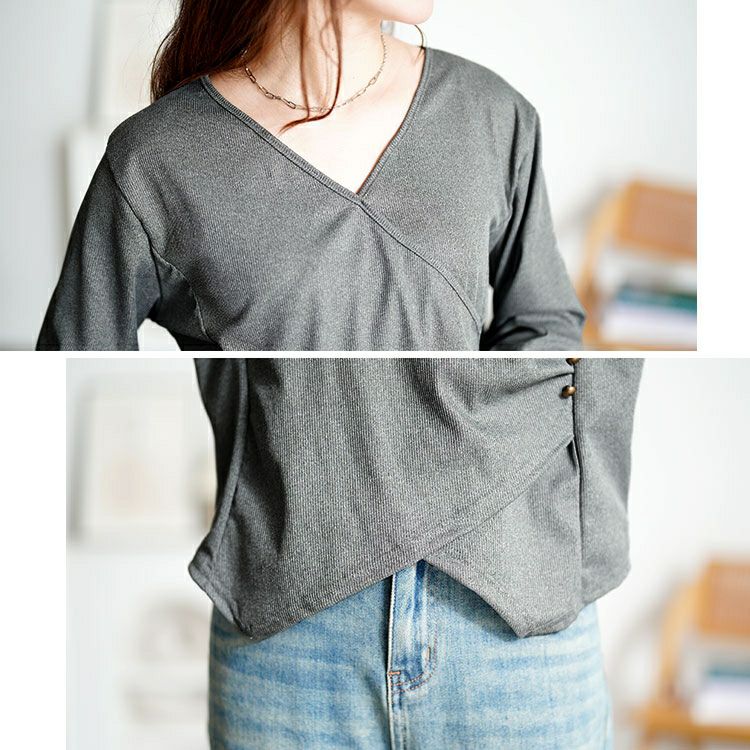 大きいサイズ レディース サイドボタンカシュクールニットトップス goldy-1798