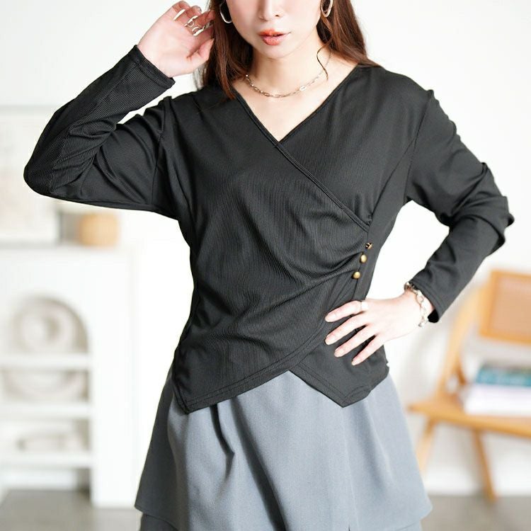 大きいサイズ レディース サイドボタンカシュクールニットトップス goldy-1798