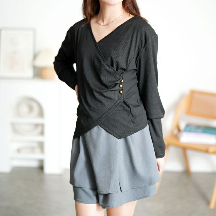 大きいサイズ レディース サイドボタンカシュクールニットトップス goldy-1798