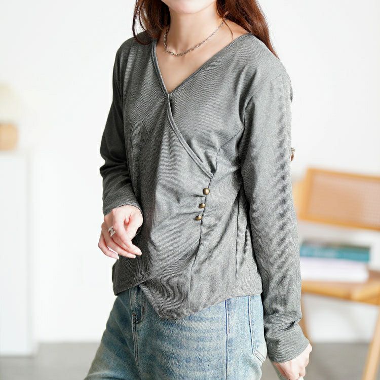 大きいサイズ レディース サイドボタンカシュクールニットトップス goldy-1798