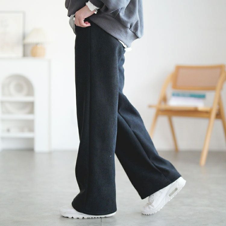 大きいサイズ レディース 裏起毛リボンウエストストレートパンツ goldy-1781