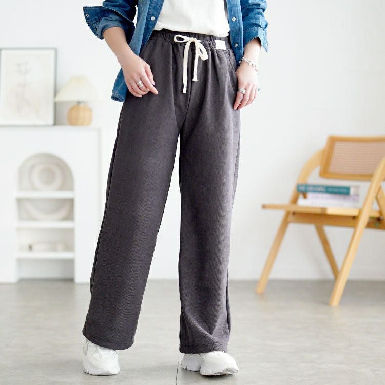 大きいサイズ レディース 裏起毛リボンウエストストレートパンツ goldy-1781