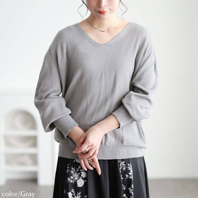 大きいサイズ レディース Vネックボリューム袖ハイゲージニット