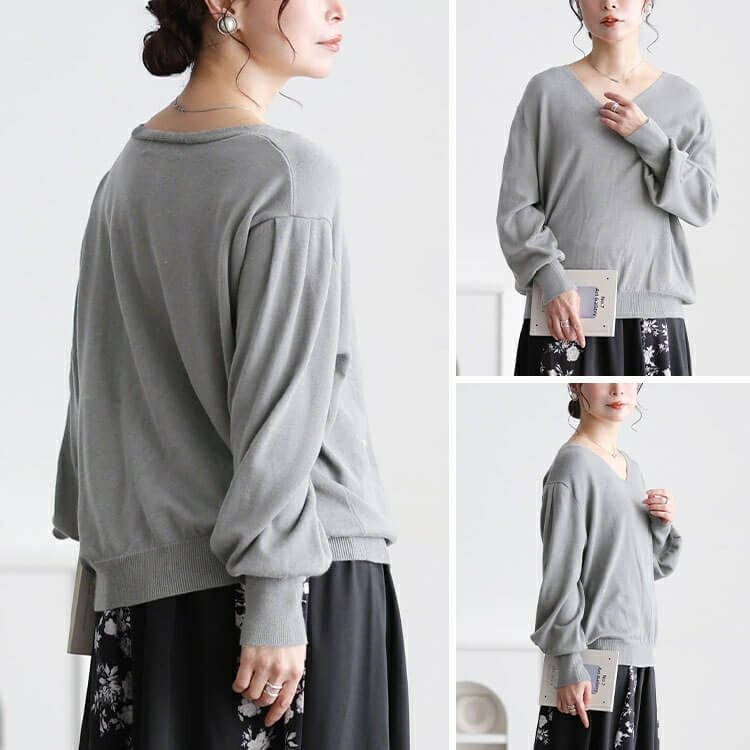 大きいサイズ レディース Vネックボリューム袖ハイゲージニット