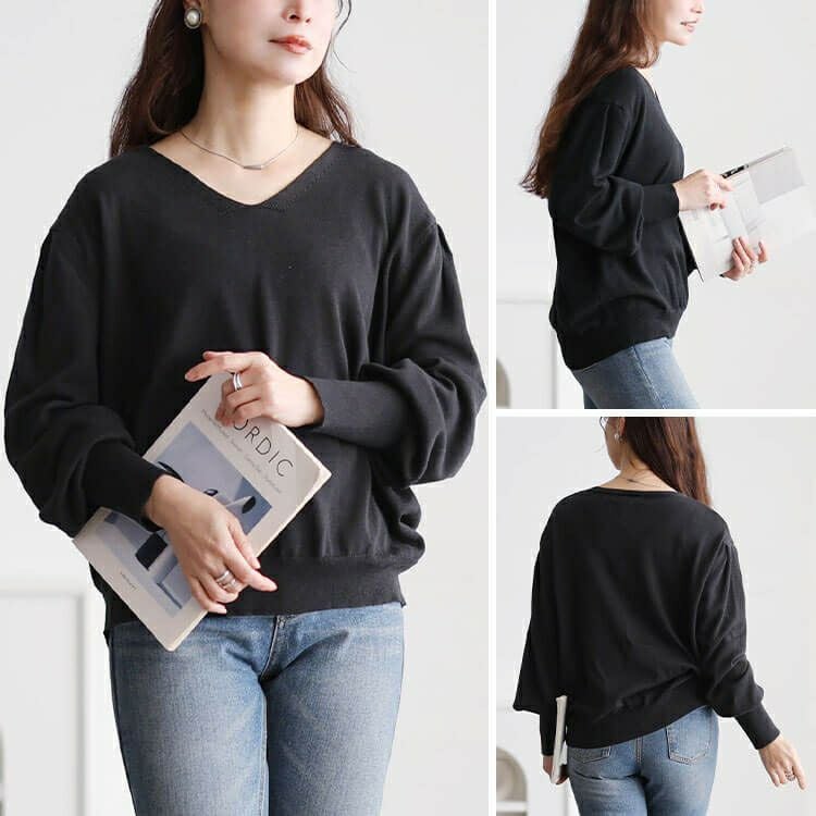 大きいサイズ レディース Vネックボリューム袖ハイゲージニット