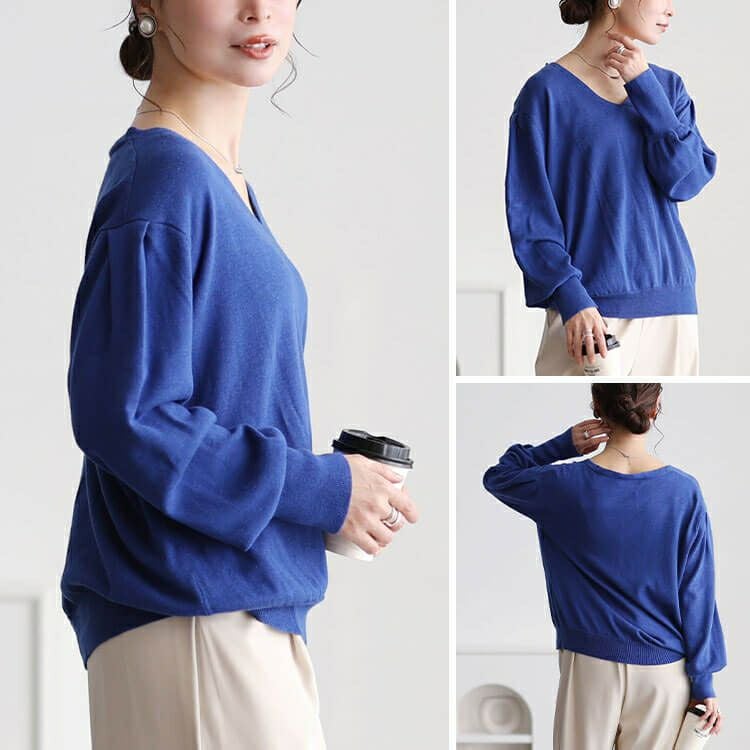 大きいサイズ レディース Vネックボリューム袖ハイゲージニット