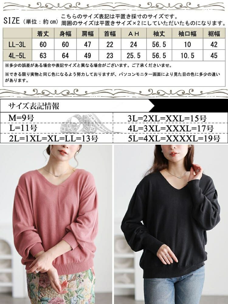 大きいサイズ レディース Vネックボリューム袖ハイゲージニット fem
