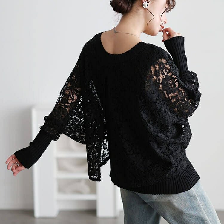 大きいサイズ レディース レースドルマン重ね着風リブニット