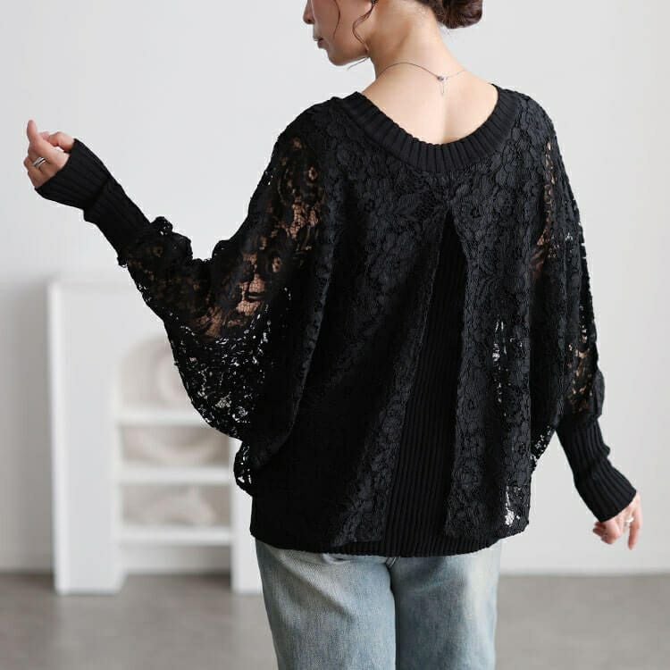 大きいサイズ レディース レースドルマン重ね着風リブニット
