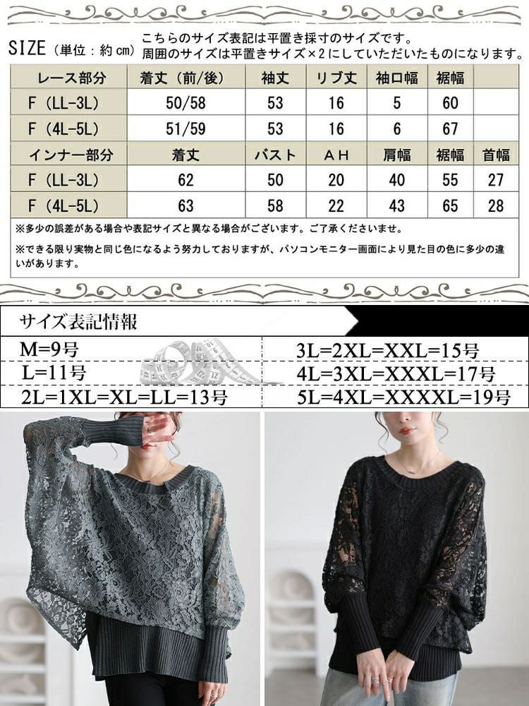 大きいサイズ レディース レースドルマン重ね着風リブニット