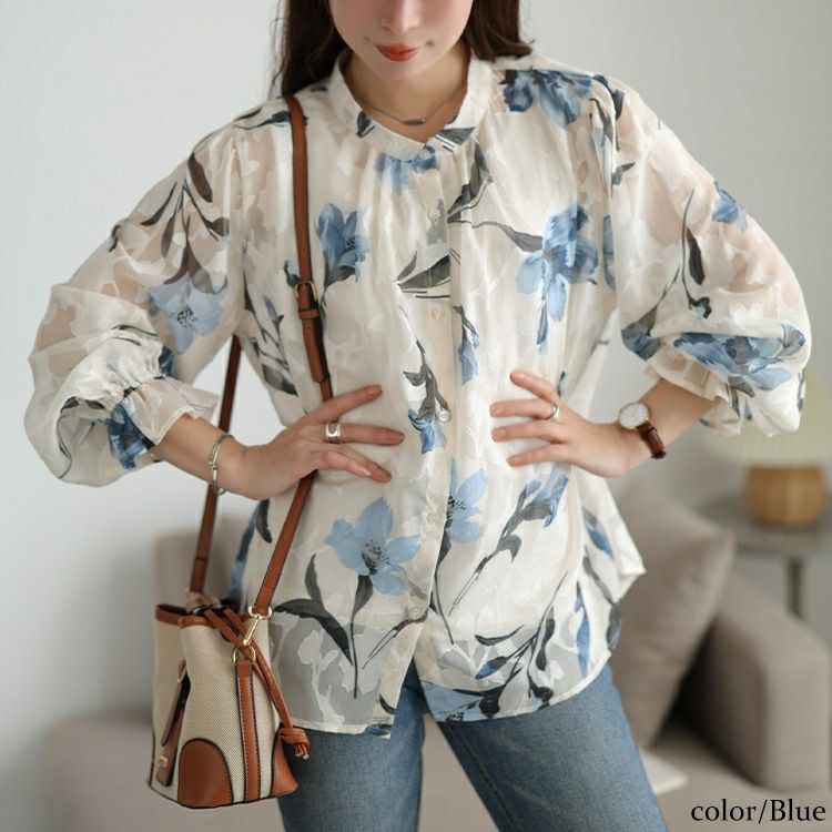大きいサイズ レディース シアー花柄キャンディスリーブブラウス