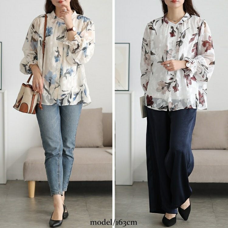 大きいサイズ レディース シアー花柄キャンディスリーブブラウス