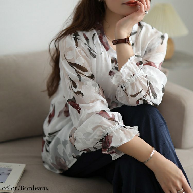 大きいサイズ レディース シアー花柄キャンディスリーブブラウス