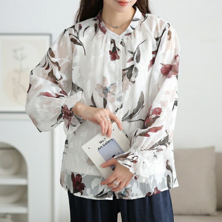 大きいサイズ レディース シアー花柄キャンディスリーブブラウス
