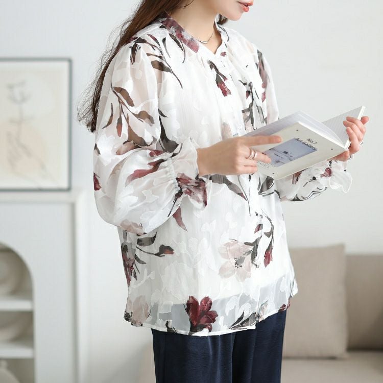 大きいサイズ レディース シアー花柄キャンディスリーブブラウス