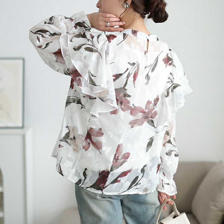 大きいサイズ レディース シアー花柄フリルショルダーブラウス