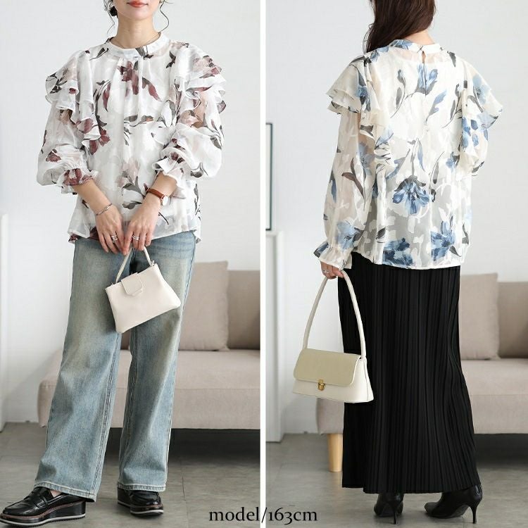 大きいサイズ レディース シアー花柄フリルショルダーブラウス