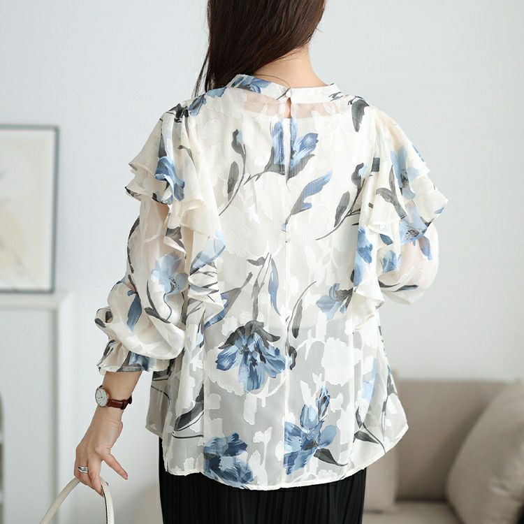 大きいサイズ レディース シアー花柄フリルショルダーブラウス