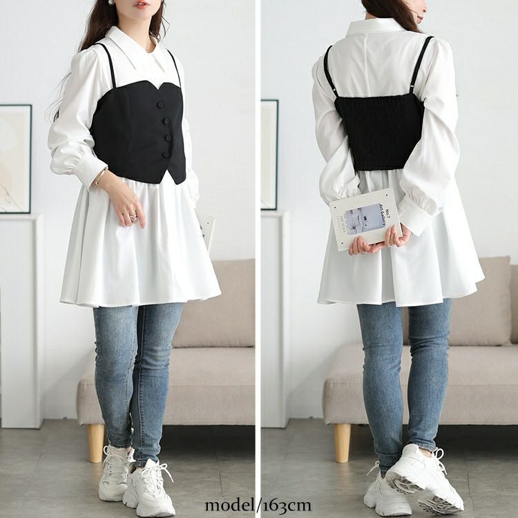 大きいサイズ レディース ペプラムシャツチュニック＆ビスチェ2点セット