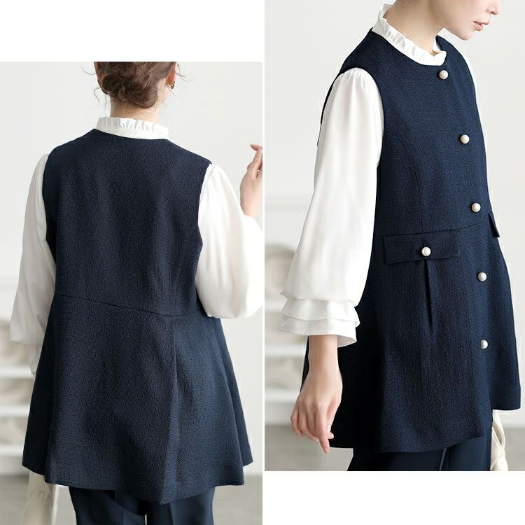 大きいサイズ レディース ツイードペプラムベスト＆テーパードパンツ＆キャンディスリーブブラウス3点セット