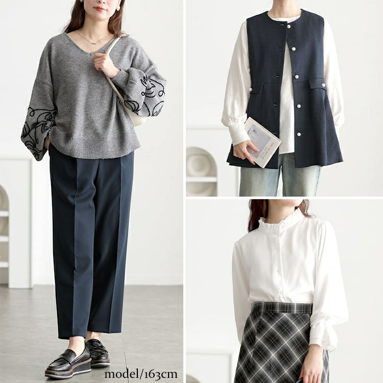 大きいサイズ レディース ツイードペプラムベスト＆テーパードパンツ＆キャンディスリーブブラウス3点セット