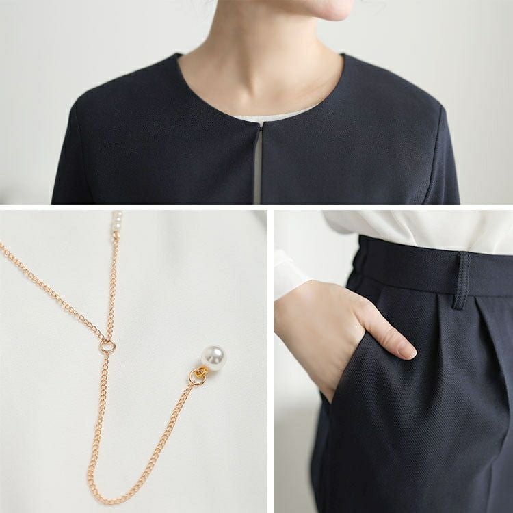 大きいサイズ レディース ペプラムジャケット＆テーパードパンツ＆ネックレス付きブラウス3点セット