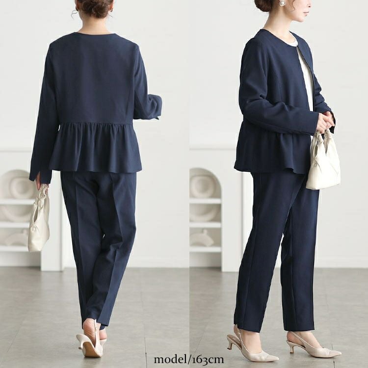 大きいサイズ レディース ペプラムジャケット＆テーパードパンツ＆ネックレス付きブラウス3点セット