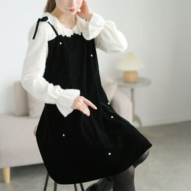 大きいサイズ レディース フリルニットドッキングベロアワンピース