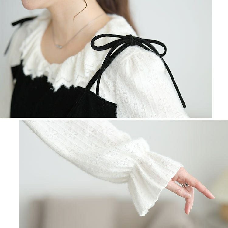 大きいサイズ レディース フリルニットドッキングベロアワンピース