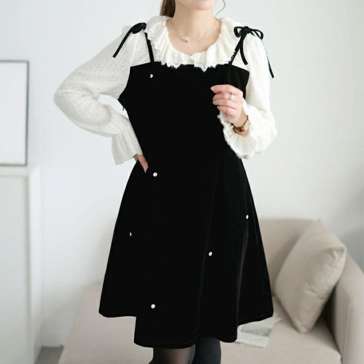 大きいサイズ レディース フリルニットドッキングベロアワンピース