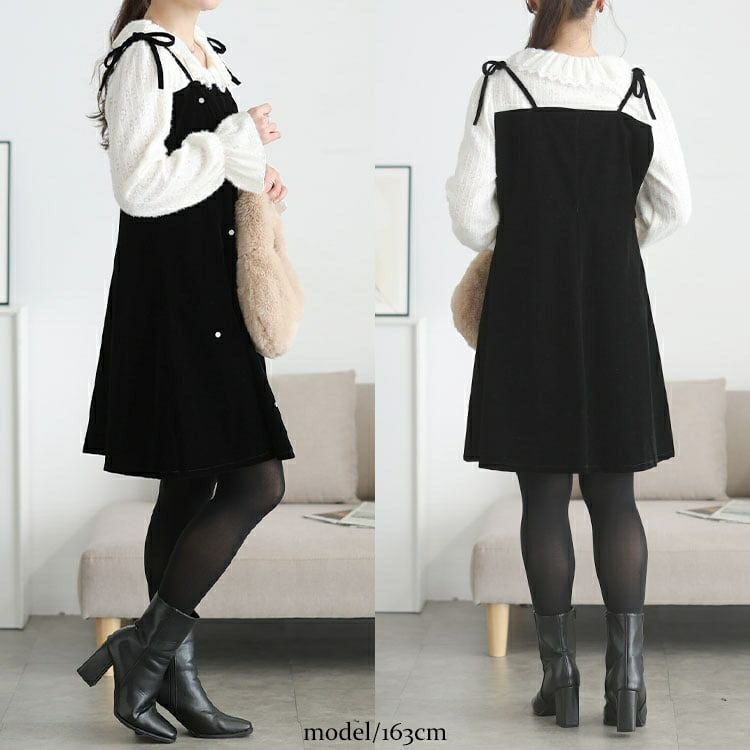 大きいサイズ レディース フリルニットドッキングベロアワンピース