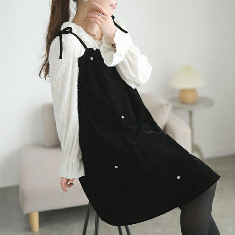 大きいサイズ レディース フリルニットドッキングベロアワンピース