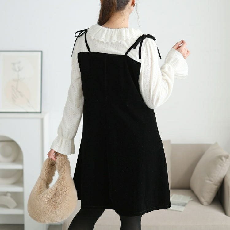 大きいサイズ レディース フリルニットドッキングベロアワンピース