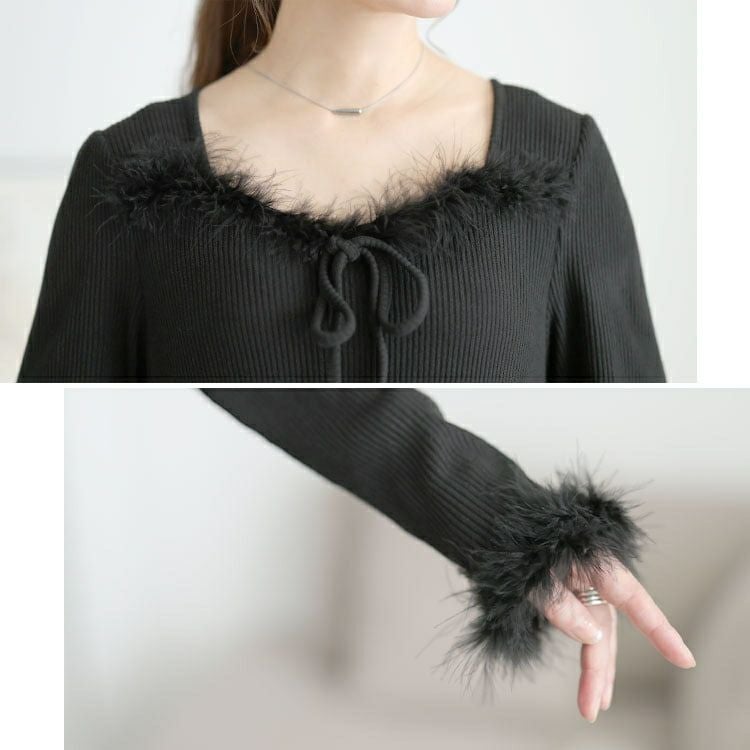 大きいサイズ レディース ハートネック＆ファー付きリブニットロングワンピース