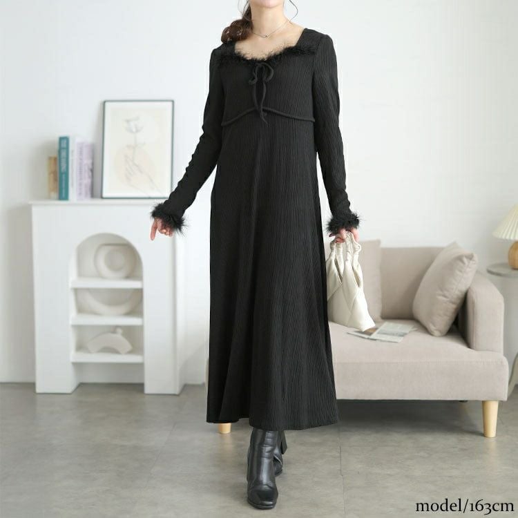 大きいサイズ レディース ハートネック＆ファー付きリブニットロングワンピース