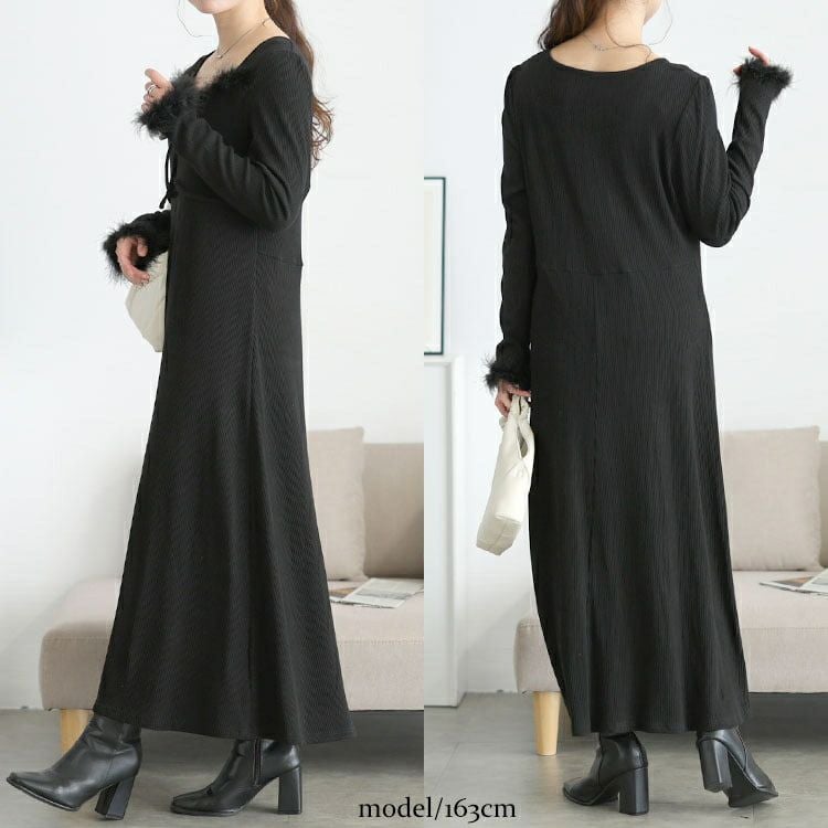 大きいサイズ レディース ハートネック＆ファー付きリブニットロングワンピース