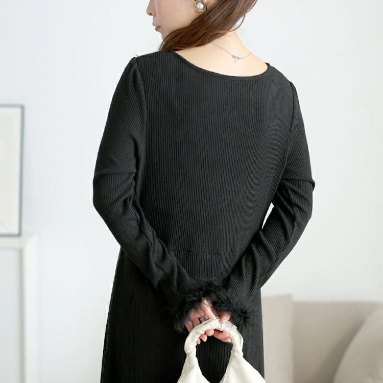 大きいサイズ レディース ハートネック＆ファー付きリブニットロングワンピース