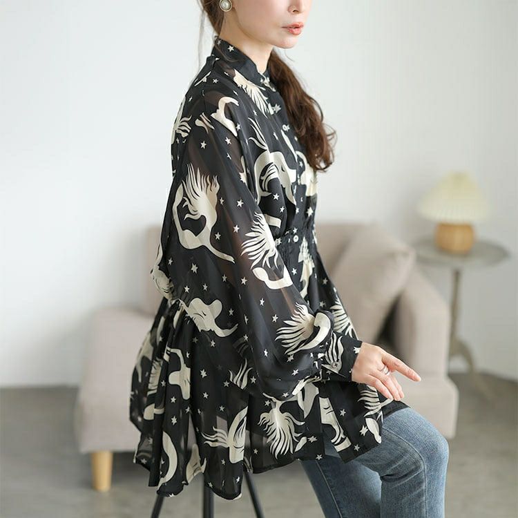 大きいサイズ レディース アート柄シャーリングペプラムシアーシャツ