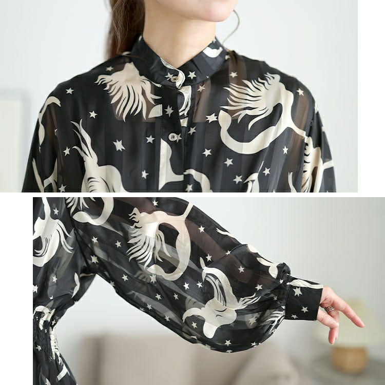 大きいサイズ レディース アート柄シャーリングペプラムシアーシャツ