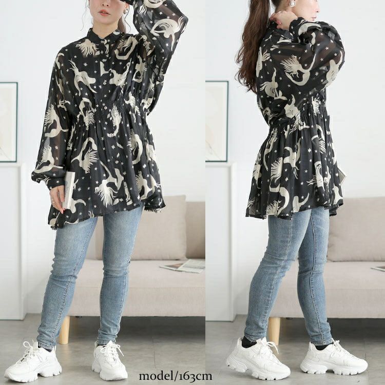 大きいサイズ レディース アート柄シャーリングペプラムシアーシャツ