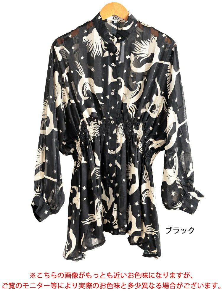 大きいサイズ レディース アート柄シャーリングペプラムシアーシャツ