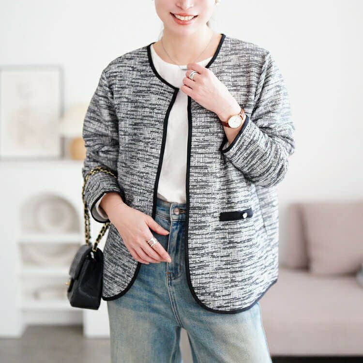 大きいサイズ レディース 配色パイピングラメツイードジャケット