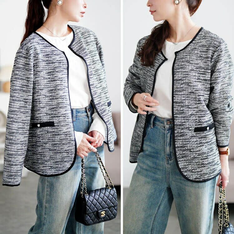 大きいサイズ レディース 配色パイピングラメツイードジャケット