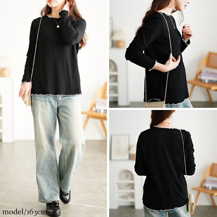 大きいサイズ レディース 配色メロープチハイネックリブトップス