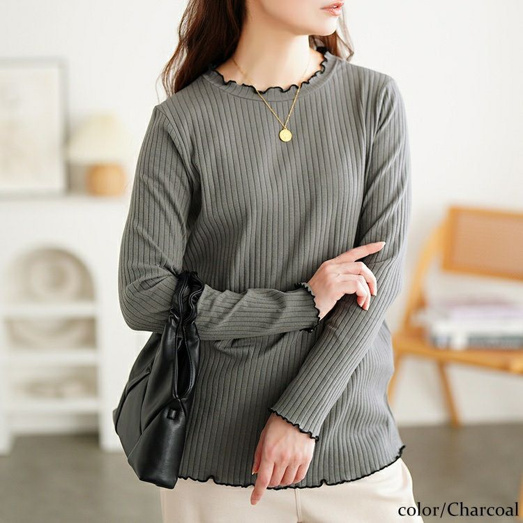 大きいサイズ レディース 配色メロープチハイネックリブトップス