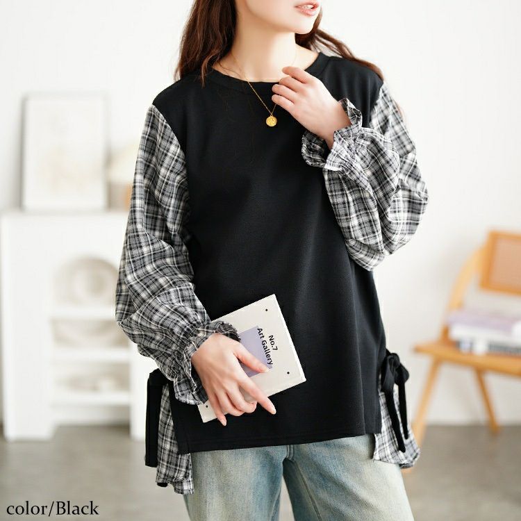 大きいサイズ レディース サイドリボン重ね着風キャンディ袖トップス