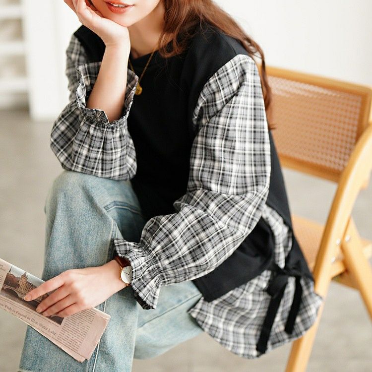 大きいサイズ レディース サイドリボン重ね着風キャンディ袖トップス